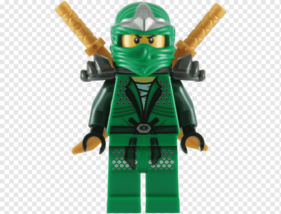 LEGO Ninjago green ninja minifigure with dual golden swords and silver helmet detail.
