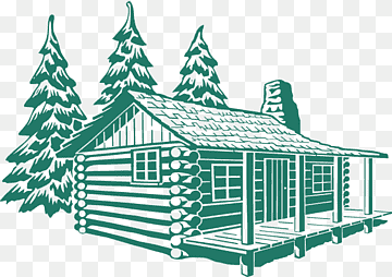 Green line-art illustration of a rustic log cabin with porch and three pine trees on transparent background.