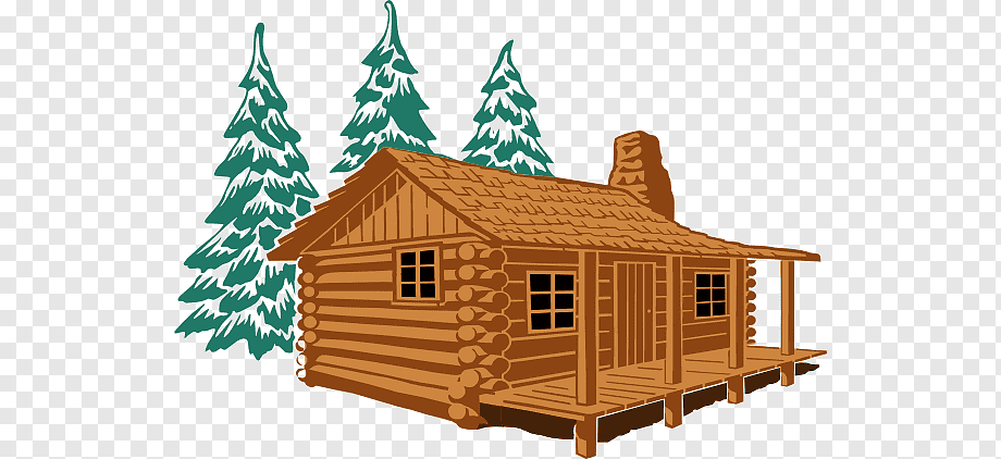 Rustic log cabin with snow-dusted pine trees and a stone chimney, set against a transparent background.
