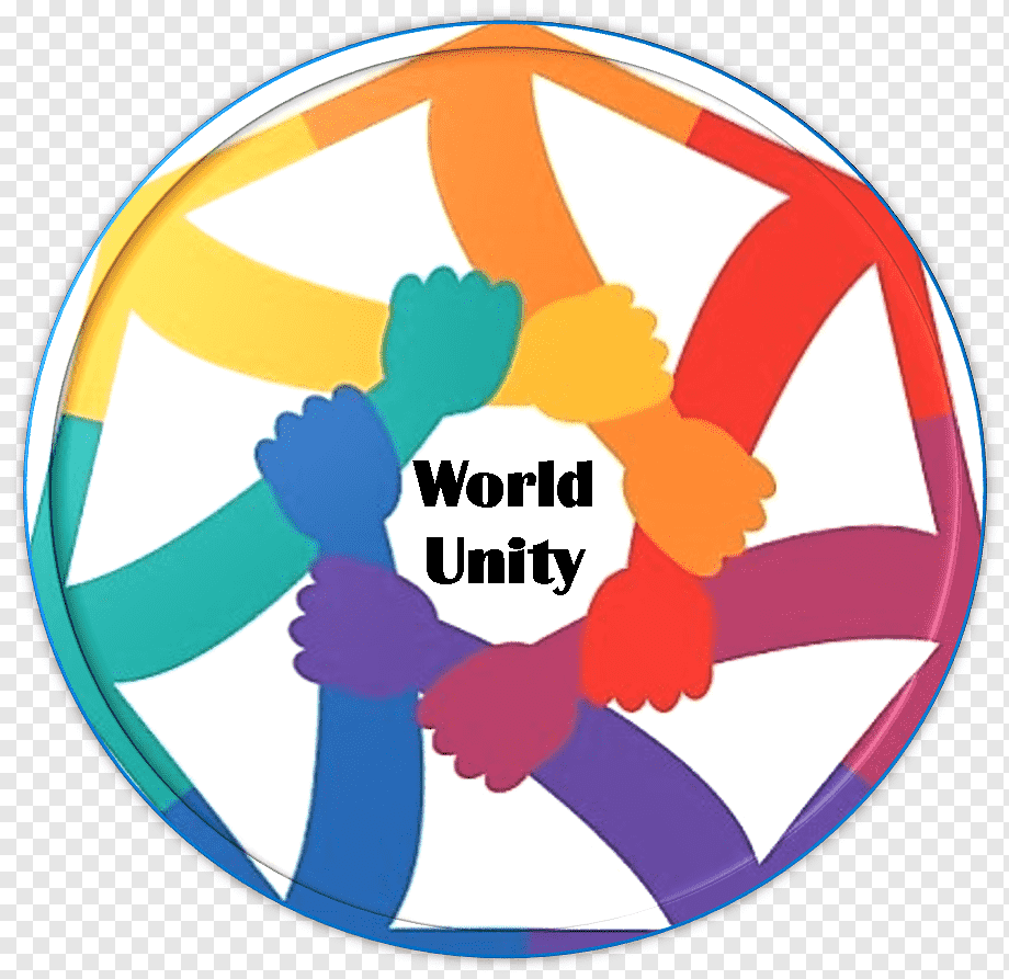 Colorful hands in a circle symbolizing global unity and diversity, with "World Unity" text at center.