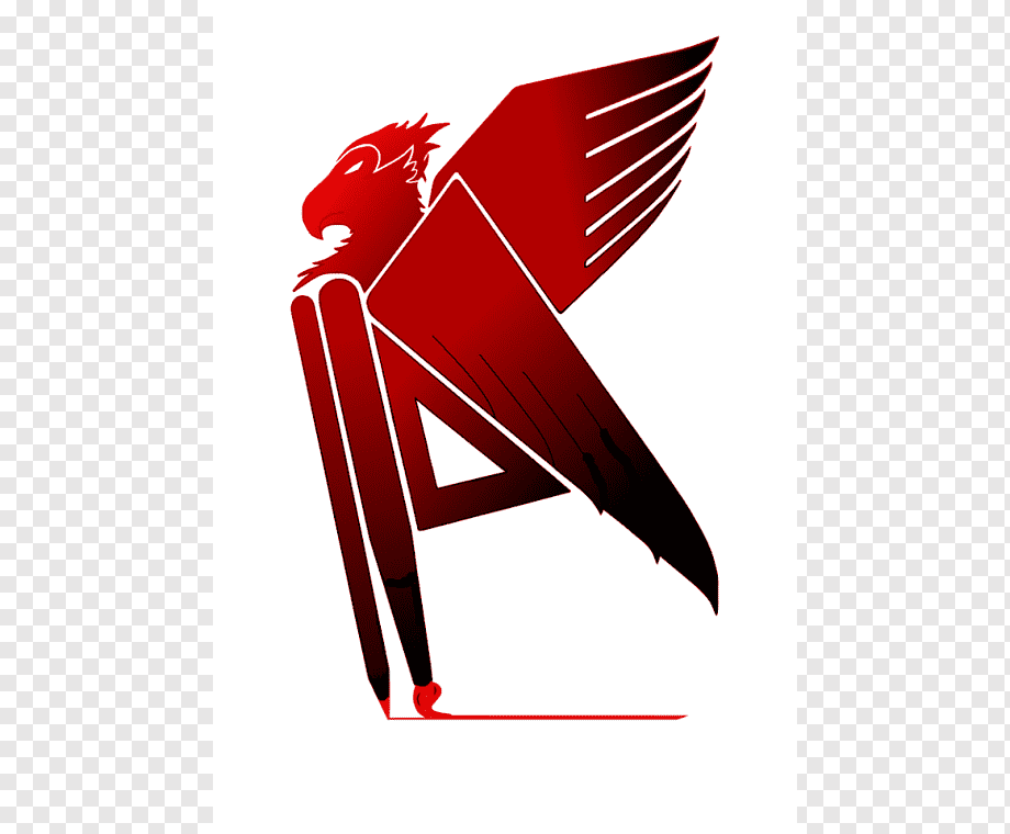 Red griffin logo with stylized wings and geometric body, standing on a line like a pen stroke.