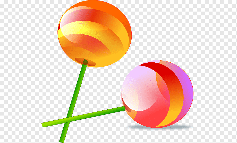 Two colorful glossy lollipops with vibrant swirl patterns on green sticks, one orange-yellow and one pink-red-orange.