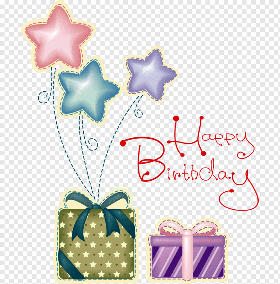 Colorful star-shaped balloons tied to two gift boxes with "Happy Birthday" script.
