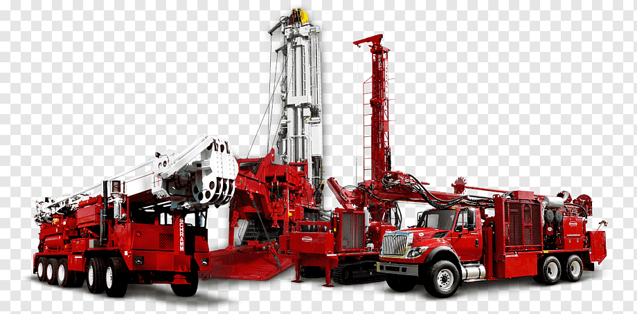 Red and white industrial drilling rigs and service trucks on transparent background