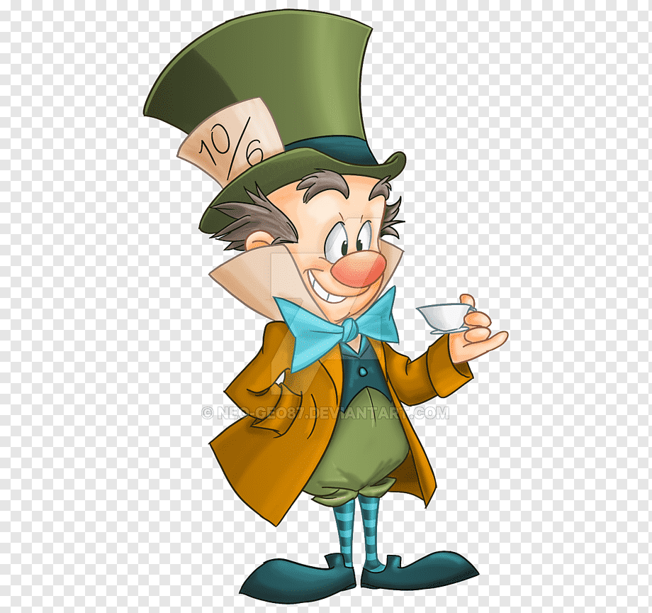 Cartoon Mad Hatter in green top hat with "10/6" tag, holding teacup, smiling broadly.