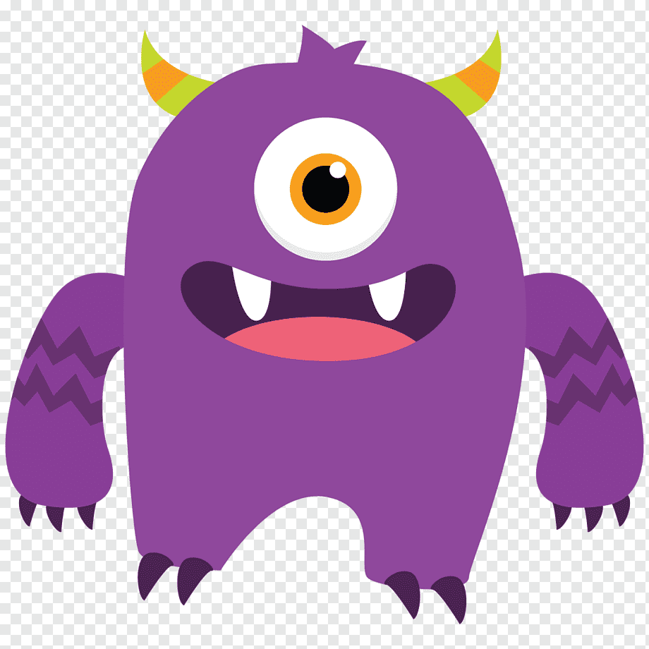 Purple one-eyed cartoon monster with horns, sharp teeth, and zigzag arms on transparent background.