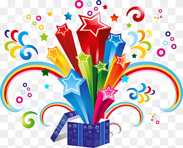 Colorful celebration graphic with stars, rainbows, and confetti bursting from a gift box.