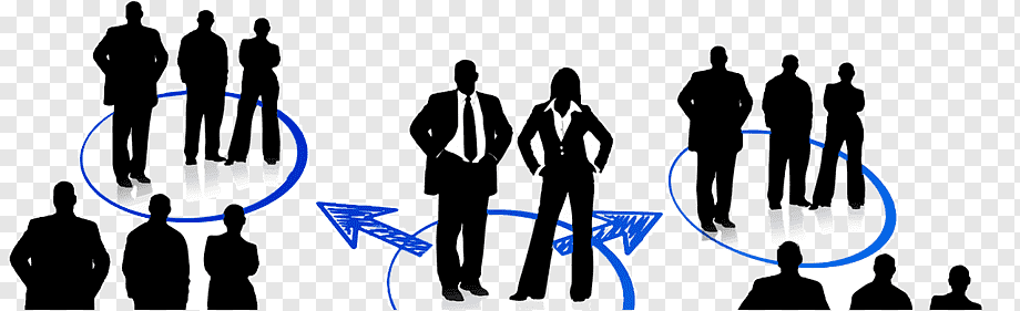 Silhouettes of business professionals grouped in circles with arrows indicating team collaboration and leadership dynamics.