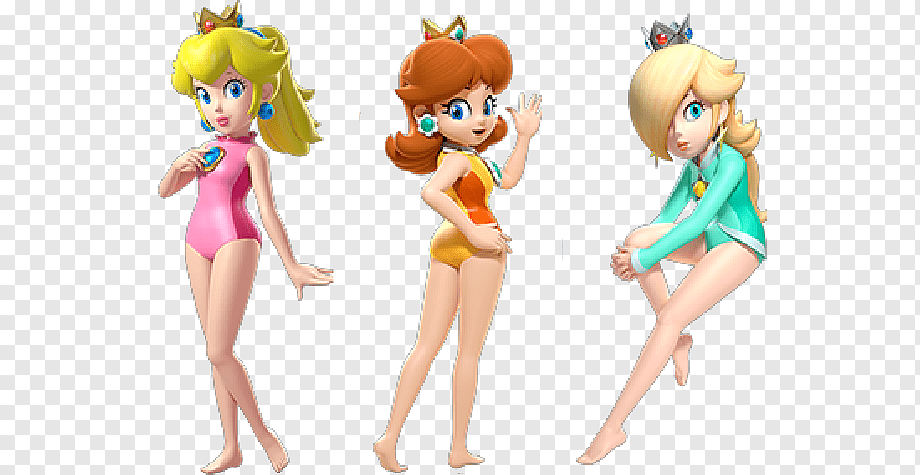 Princess Peach, Princess Daisy, and Rosalina in colorful swimsuits posing playfully against a transparent background.