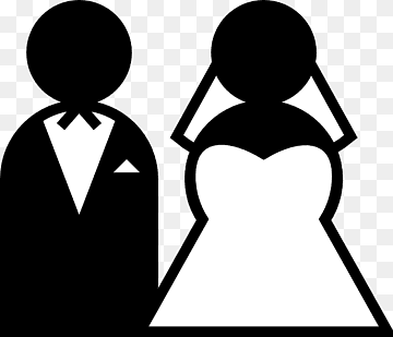 Black silhouette of a groom in tuxedo and bride in wedding dress with veil, standing side by side.
