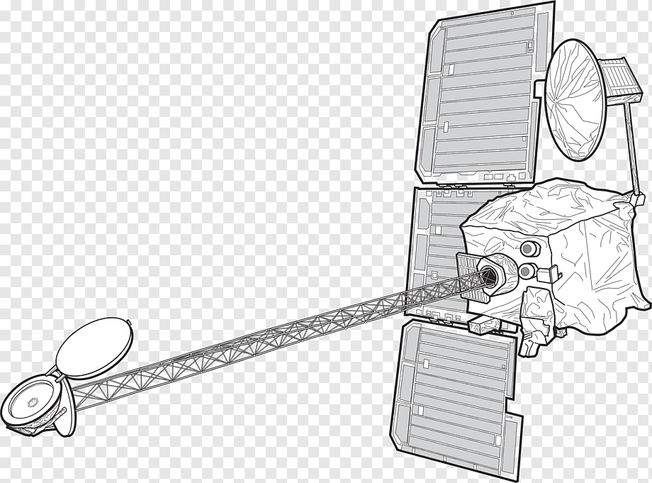 Line drawing of a space probe with solar panels, high-gain antenna, and boom-mounted instrument.