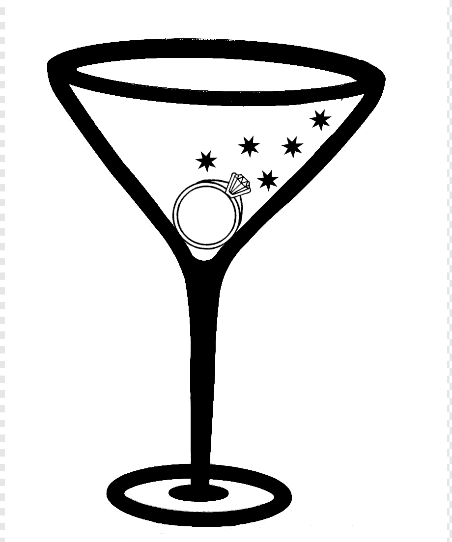 Martini glass with a diamond engagement ring and stars inside, black-and-white line art illustration.