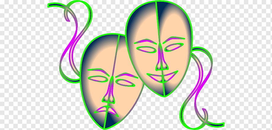 Two theatrical masks-one smiling, one frowning-outlined in neon green and purple with swirling ribbons.