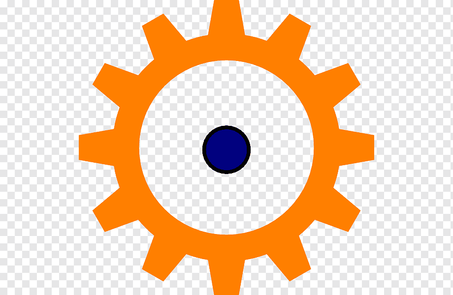 Orange gear icon with blue center on transparent background, symbolizing settings or mechanical process.