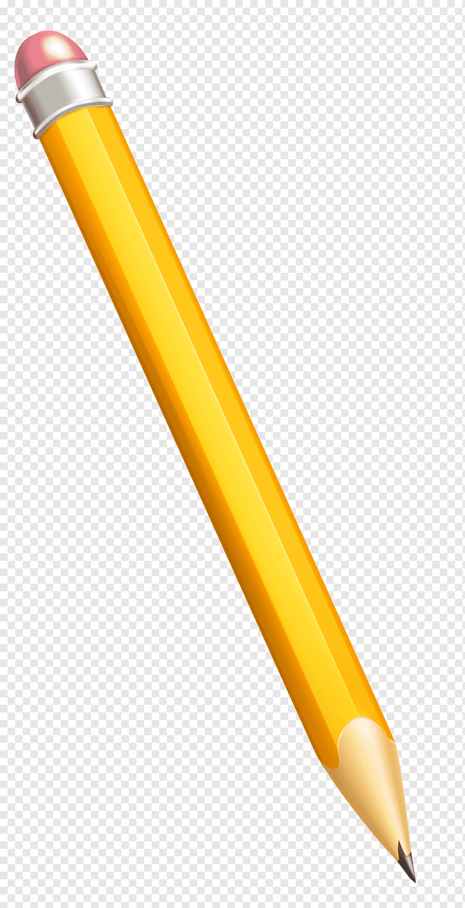 Yellow wooden pencil with pink eraser and silver ferrule, sharpened tip on transparent background.