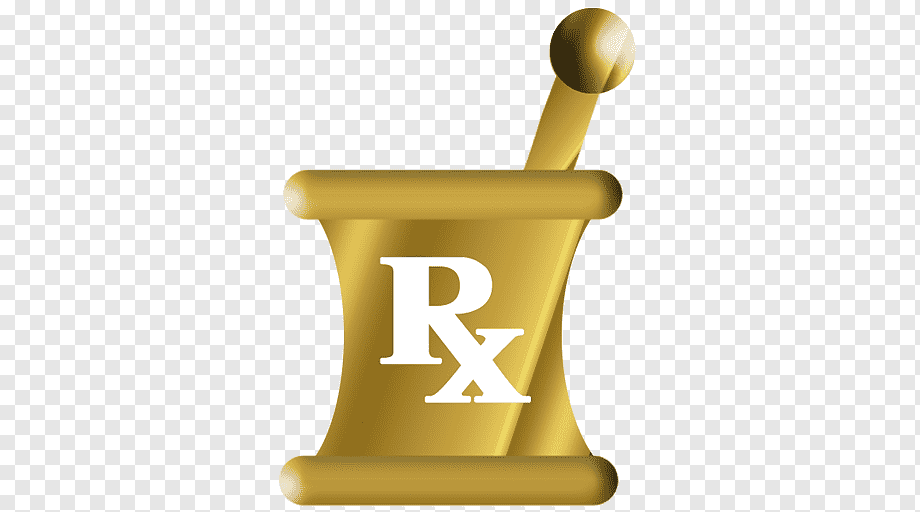 Golden mortar and pestle with white Rx pharmacy symbol on transparent background.