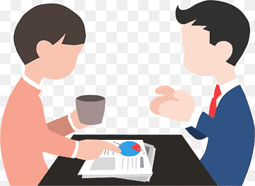 Two professionals discussing business data over coffee at a table with charts and documents.