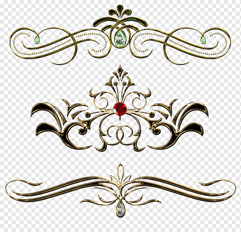 Three ornate gold filigree dividers with gemstone accents-green, red, and clear-on transparent background.