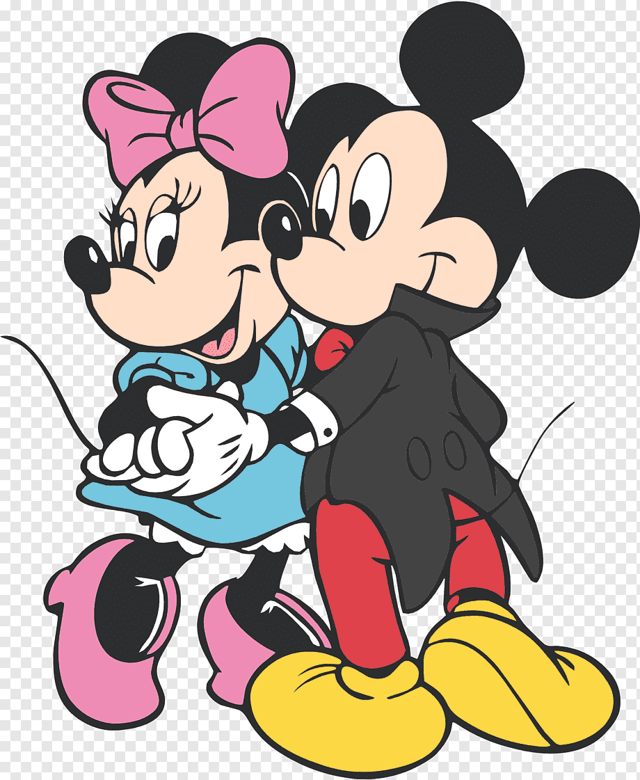 Mickey and Minnie Mouse embracing warmly, dressed in classic outfits with smiles.