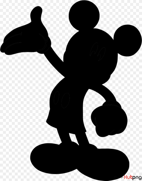 Black silhouette of Mickey Mouse gesturing with one hand raised and the other on hip, iconic round ears and shoes visible.