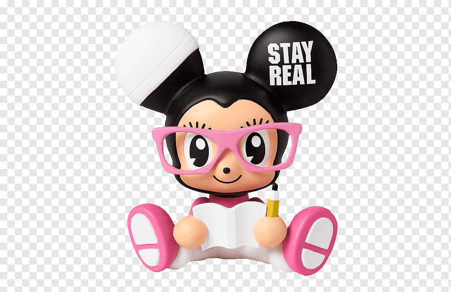 Stylish cartoon mouse character with pink glasses, "STAY REAL" ears, holding a book and pencil.