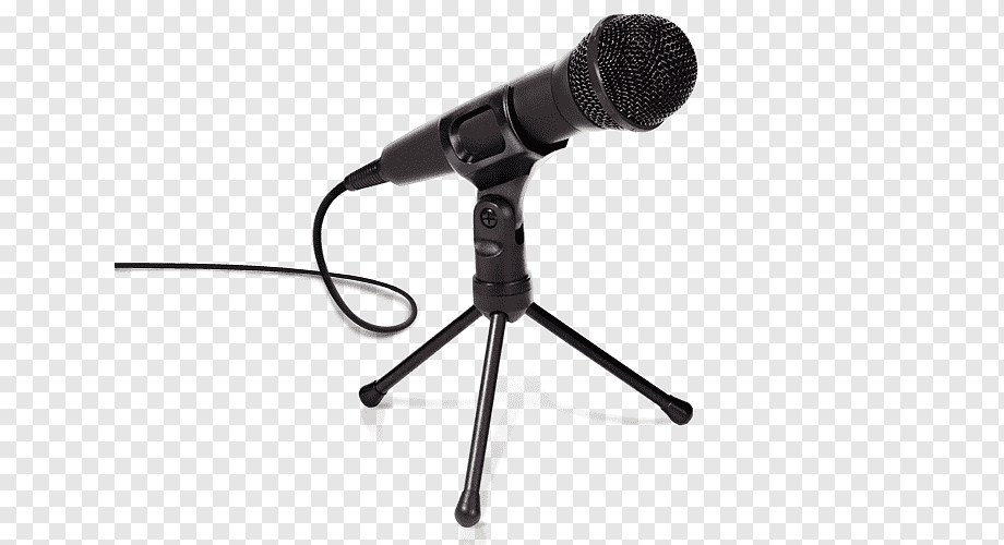 Black dynamic microphone on mini tripod stand with cable, isolated on transparent background.