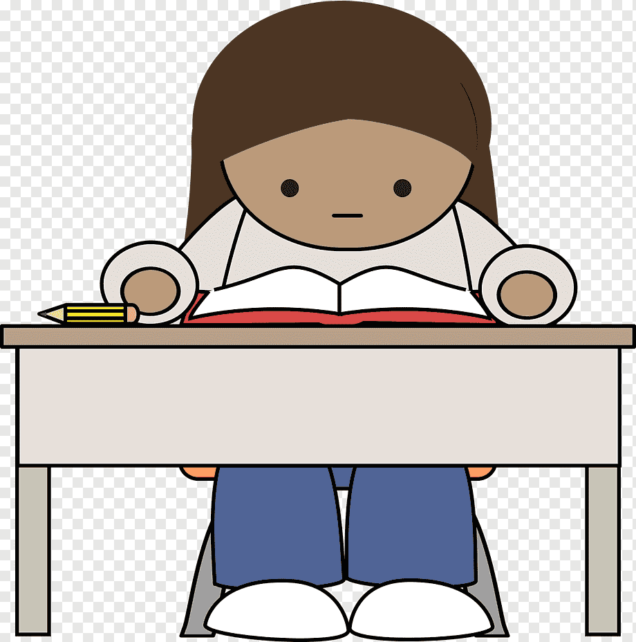 A cartoon girl with brown hair sits at a desk reading a red book, pencil nearby.