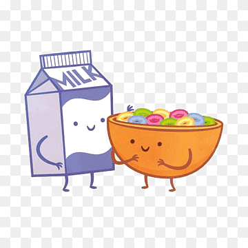 Friendly cartoon milk carton and cereal bowl characters holding hands, smiling, with colorful ring-shaped cereal and a blue-and-white milk carton.