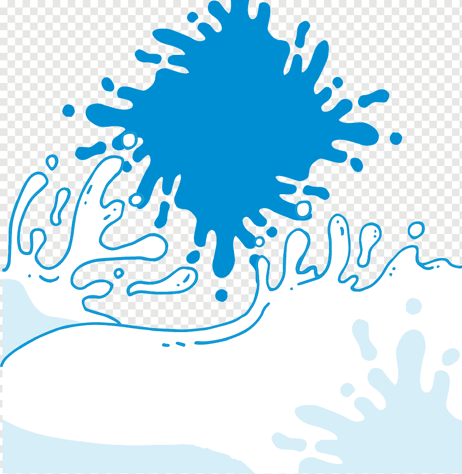 Blue liquid splash illustration with dynamic droplets and wave outlines on transparent background.