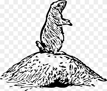 A black-and-white line drawing of a prairie dog standing upright on a mound of earth, mouth open as if calling.