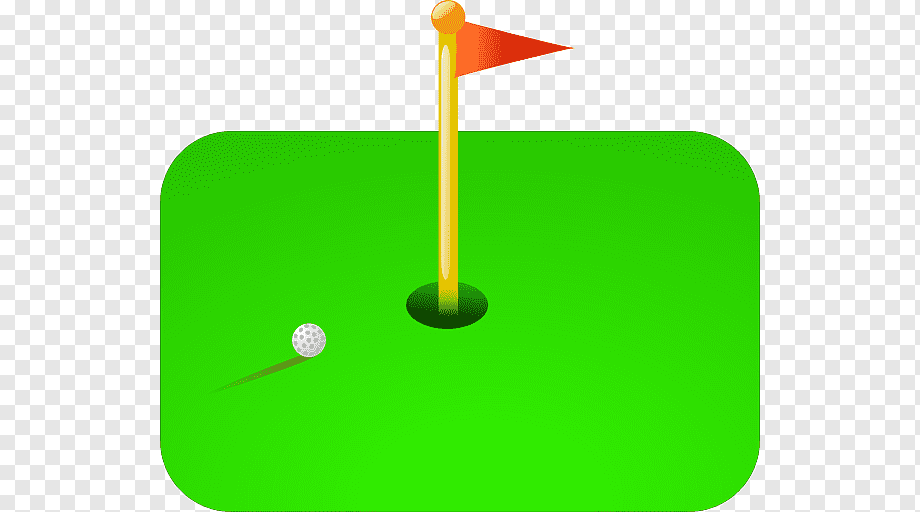A stylized illustration of a golf green with a white dimpled ball, yellow flagstick, and red triangular flag.