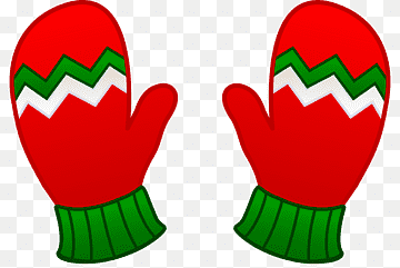 Red winter mittens with green zigzag trim and ribbed cuffs on transparent background.