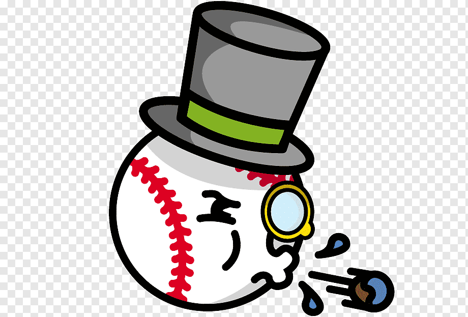 A cartoon baseball wearing a top hat and monocle, blowing a bubble with a playful expression.