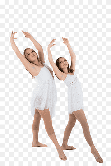 Two young dancers in white leotards performing a synchronized ballet pose with arms raised gracefully.