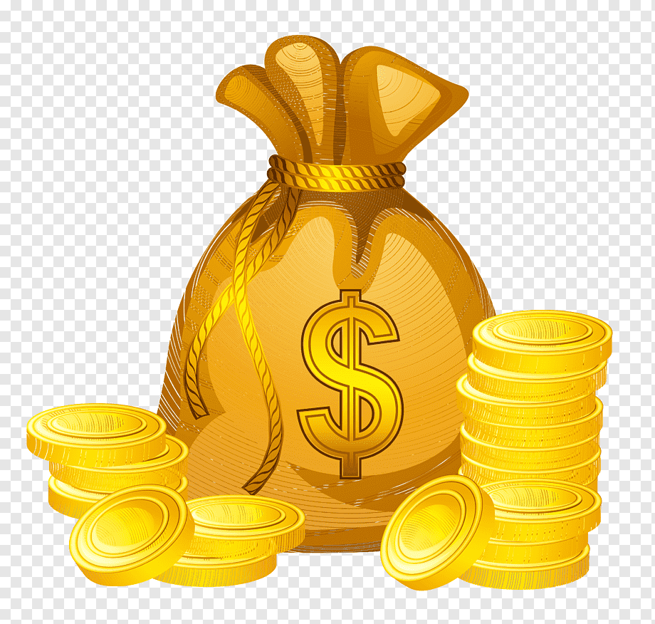 Golden money bag with dollar sign and stacks of gold coins on transparent background.