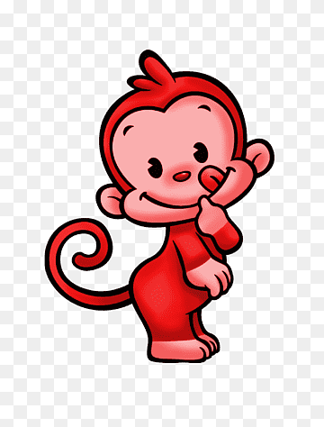 Red cartoon monkey with curly tail, smiling and holding hand to cheek in playful pose.