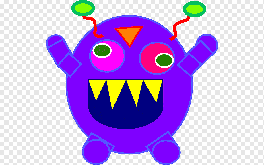 Purple cartoon monster with mismatched eyes, yellow fangs, and green antennae on transparent background.