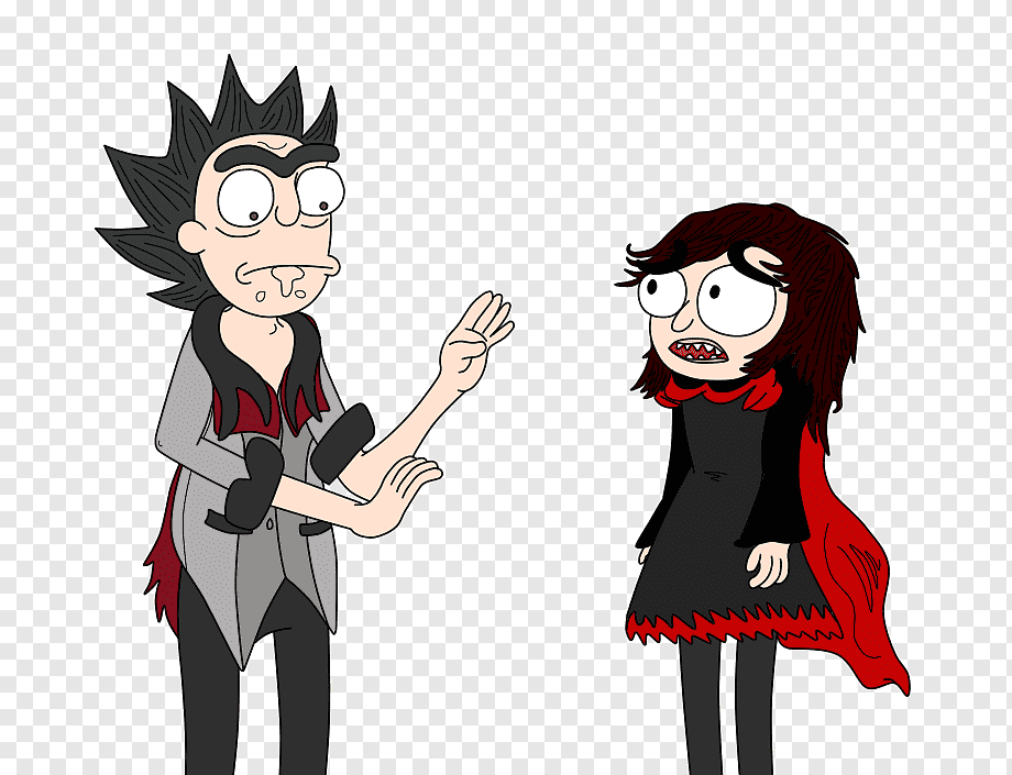 Two animated characters in gothic attire-one gesturing nervously, the other snarling-against a transparent background.