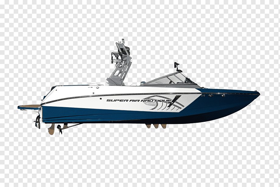 Super Air Nautique wakeboard boat with tower, white and navy hull, and wakeboard racks.