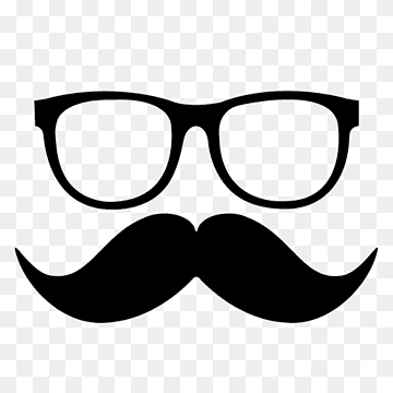 Black silhouette of vintage-style eyeglasses and a handlebar mustache on transparent background.