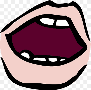 Cartoon illustration of an open mouth with visible teeth and tongue, stylized in bold outlines and flat colors.