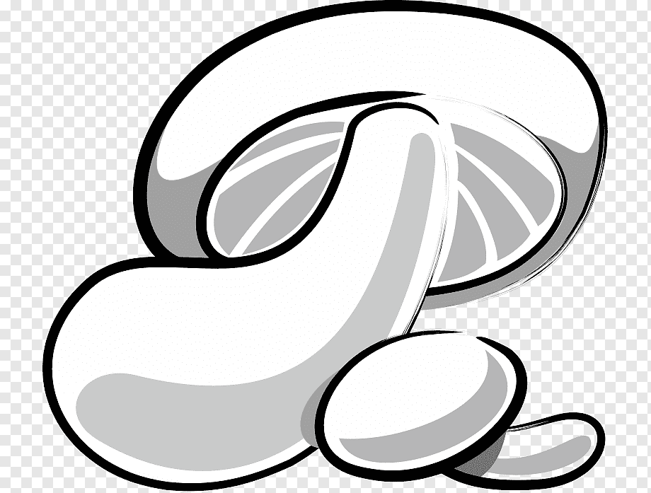 Stylized black-and-white illustration of a mushroom with glossy cap, gills, and stem, set on transparent background.