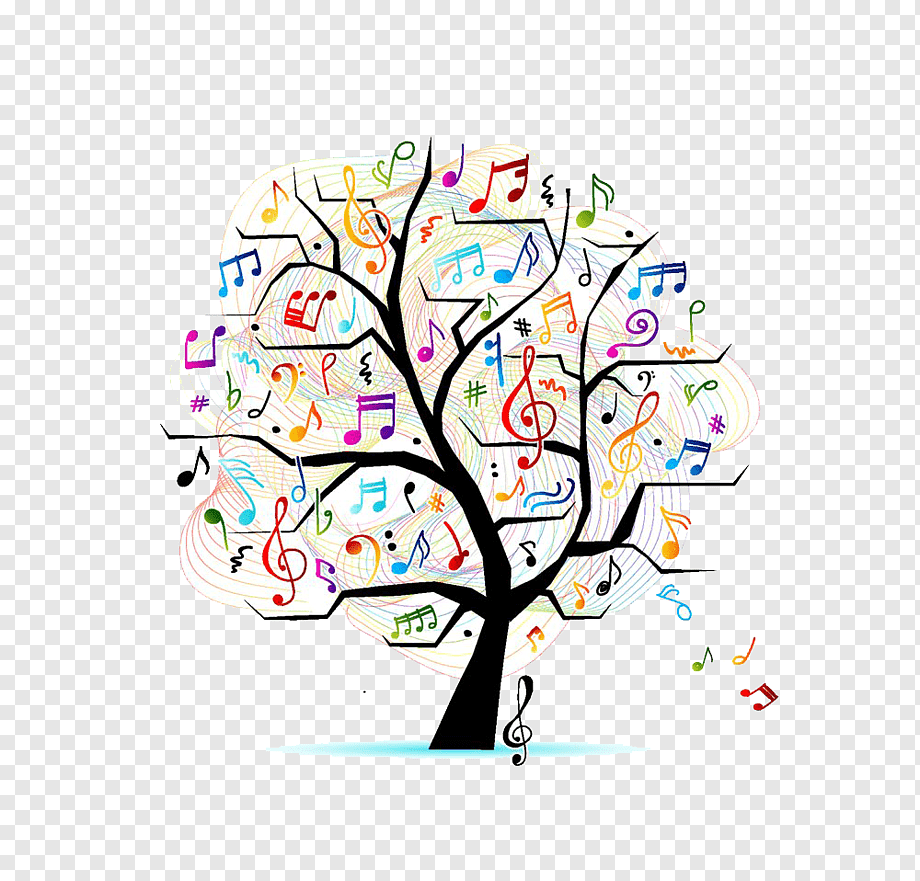 A stylized black tree with colorful musical notes and symbols forming its leaves against a transparent background.