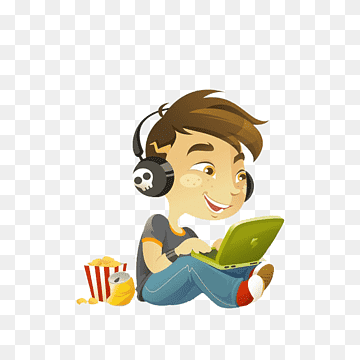 Boy with headphones using laptop, eating popcorn, smiling joyfully