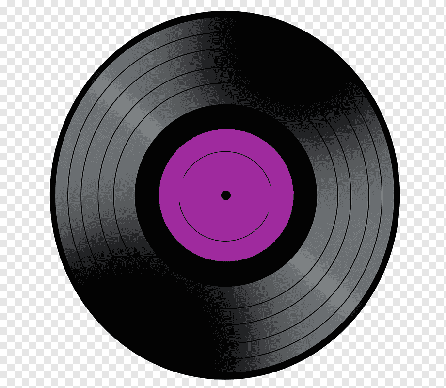 Black vinyl record with purple label and concentric grooves on transparent background.