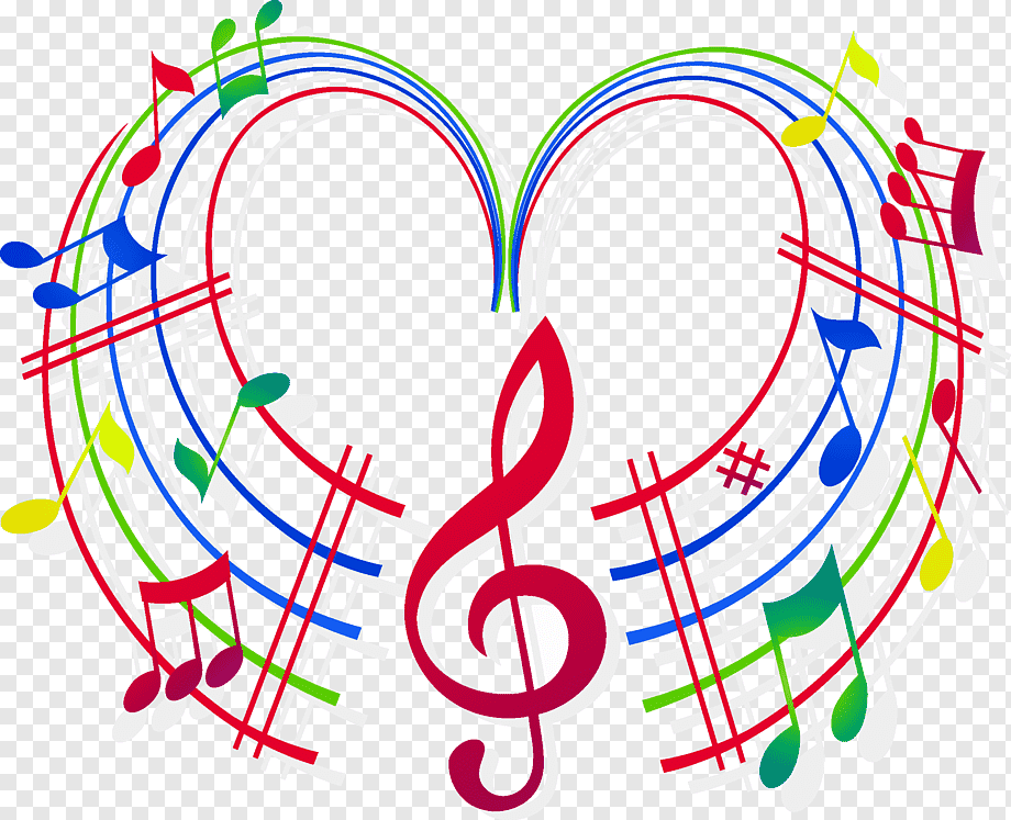 Colorful heart-shaped musical design with treble clef, notes, and staff lines in red, blue, green, and yellow.