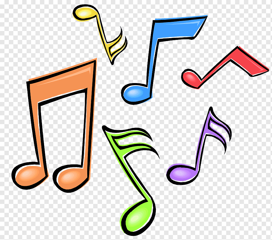 Colorful cartoon musical notes in orange, yellow, blue, red, green, and purple on transparent background.