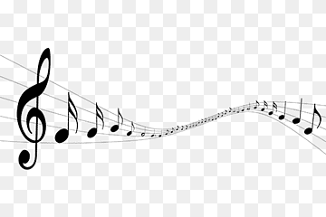 Black musical notation with treble clef and notes flowing on a curved staff against transparent background.