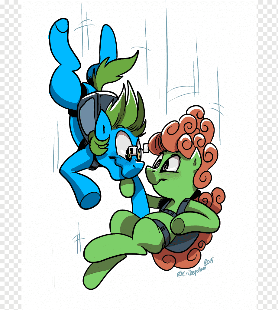 Two anthropomorphic ponies-one blue with green hair, one green with curly orange hair-float mid-air in a dynamic pose, wearing harnesses.