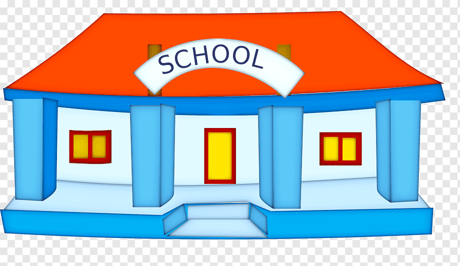 Colorful cartoon school building with orange roof, blue columns, yellow windows, and "SCHOOL" sign above entrance.
